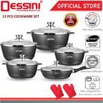DESSINI ITALY Granite Aluminium Non Stick Casserole Pot Bowl Deep Fry Pan Cookware Tool (12 Pcs)